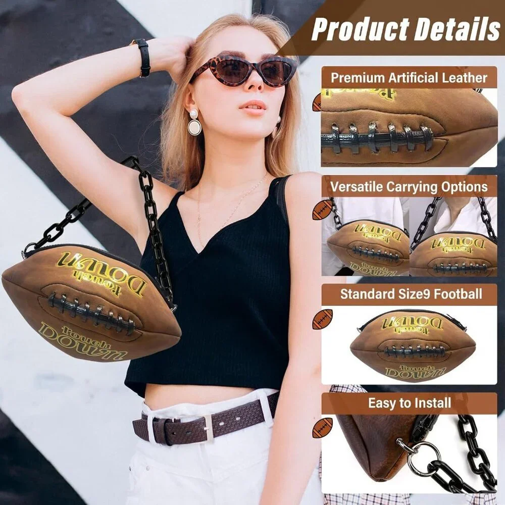 Football Shaped Crossbody Bag Leather with Chain Strap Sport Fan Purse